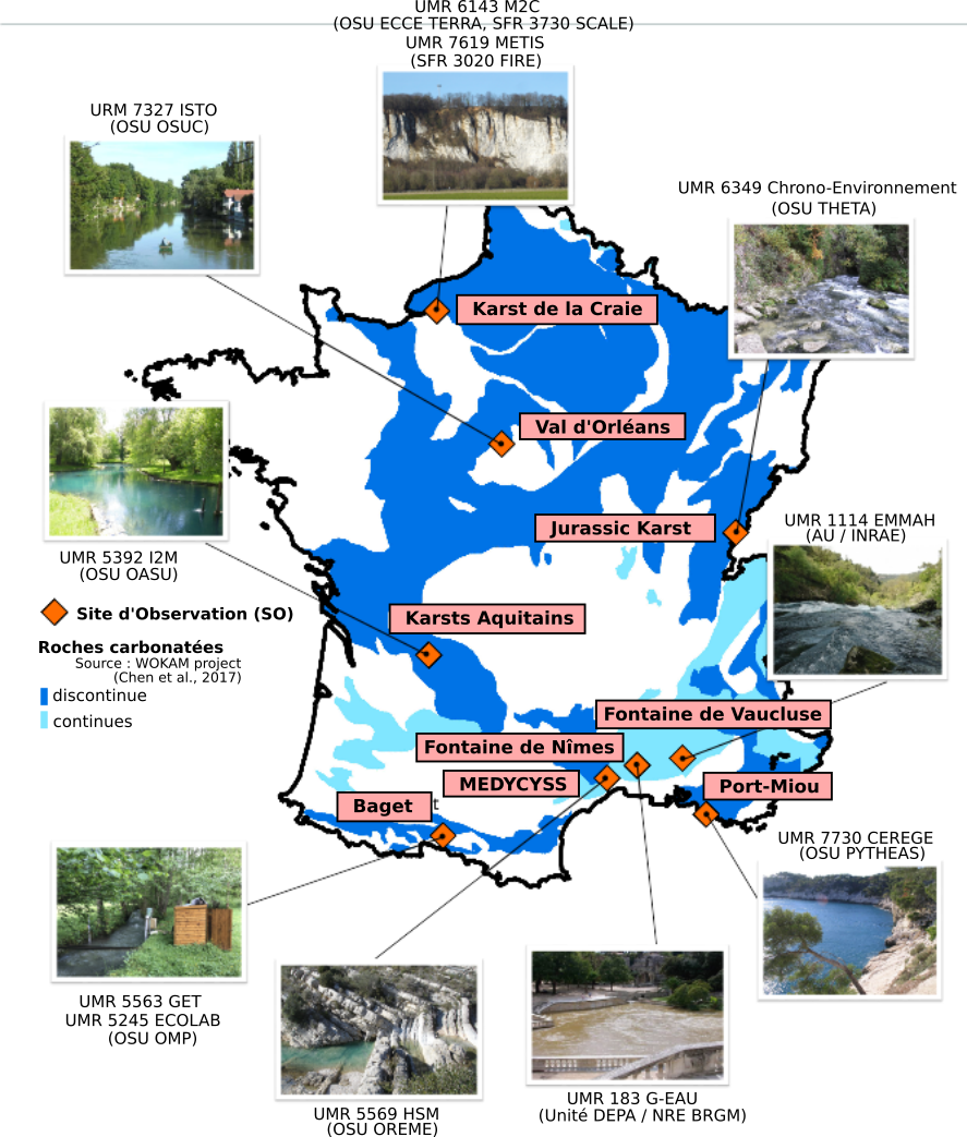 Carte des roches carbonatées à l’affleurement en France et localisation des sites observatoires du SNO Karst